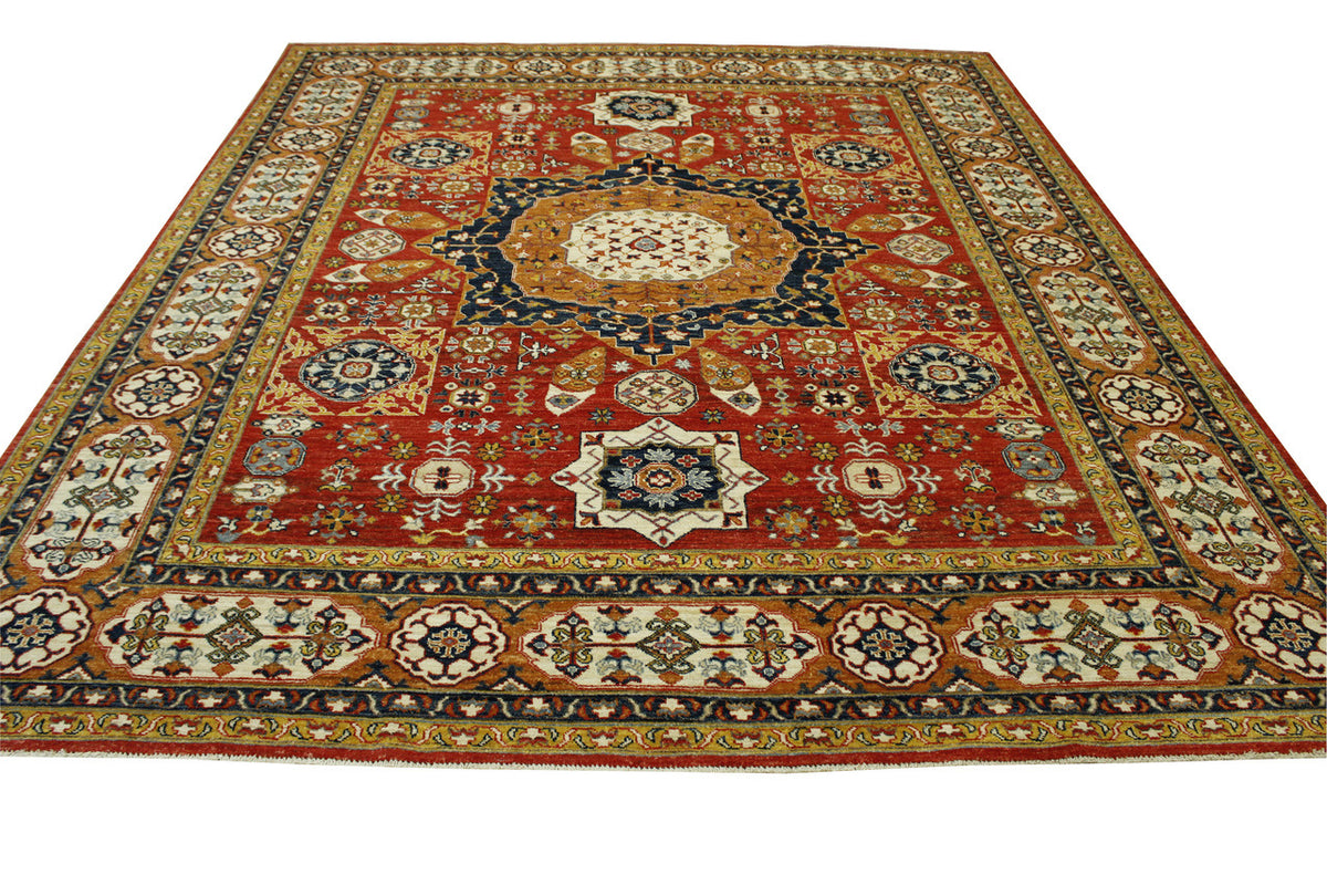 Close-up of wool pile, Brown & Red rug