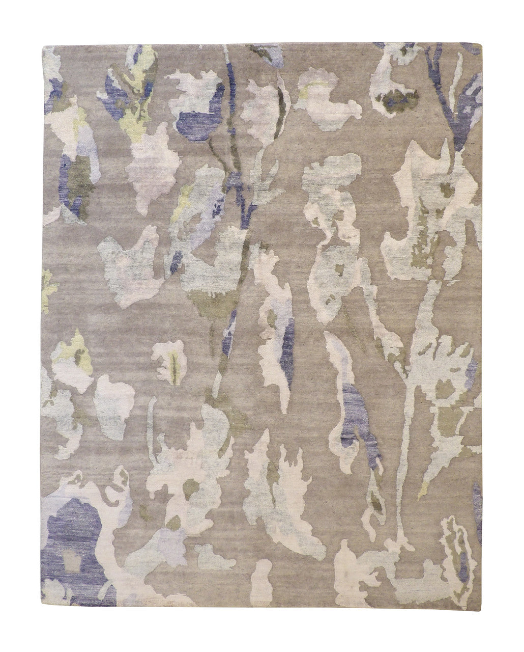 Modern Abstract Broken Design hand-knotted wool-silk rug in Gray & Green, full view