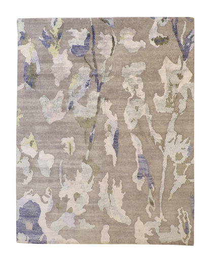 Modern Abstract Broken Design hand-knotted wool-silk rug in Gray & Green, full view