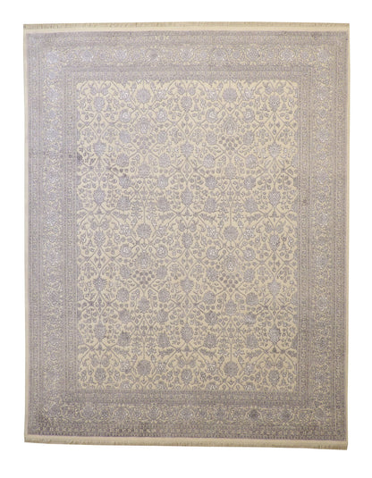 Traditional Haji Jalili hand-knotted wool-silk rug in Blue & White, full view