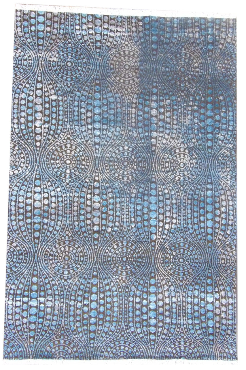Transitional Arts and Crafts hand-knotted wool-silk rug in blue and brown, full view