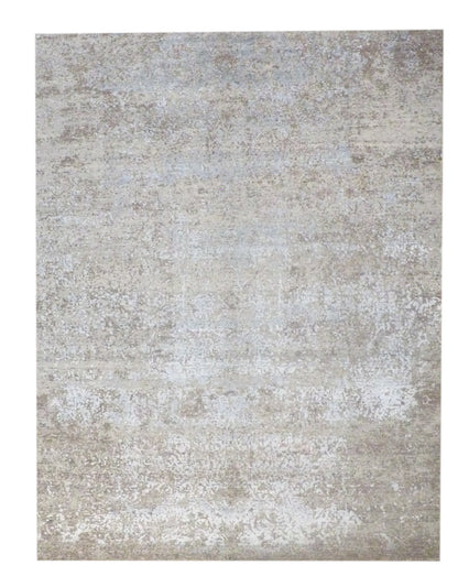 Modern Abstract Mosaic Design Carved High Low hand-knotted wool-silk rug in Brown & Silver, full view