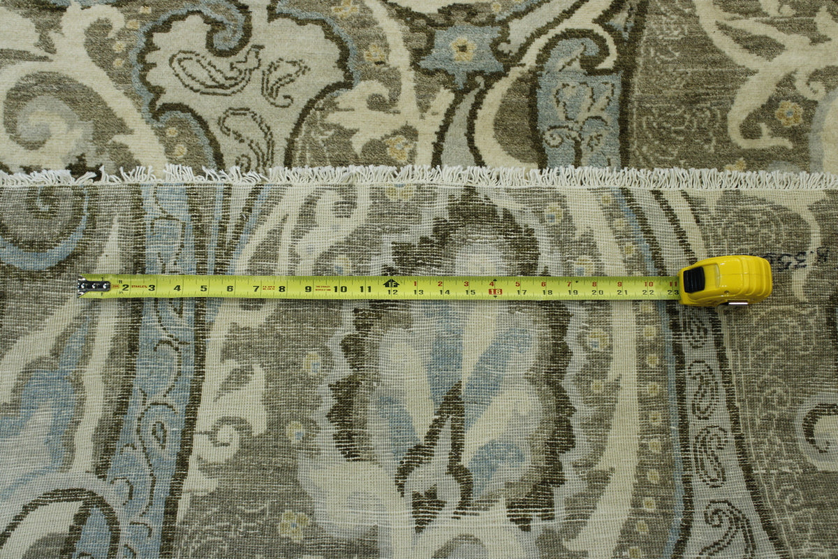 Oushak Ikat Chobi hand-knotted wool rug in Beige, Brown & Blue, full view