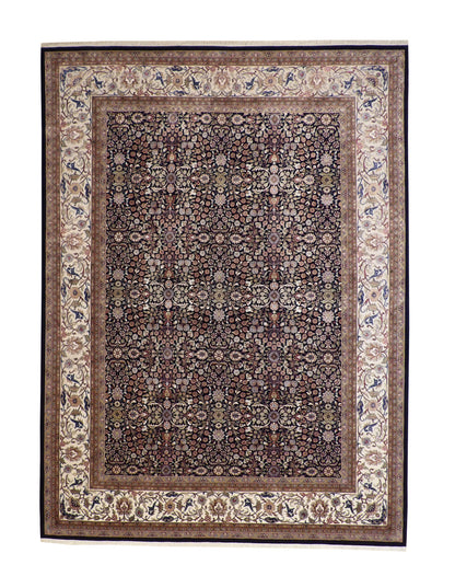 Traditional Fine Heraki hand-knotted wool-silk rug in Blue & Beige, full view