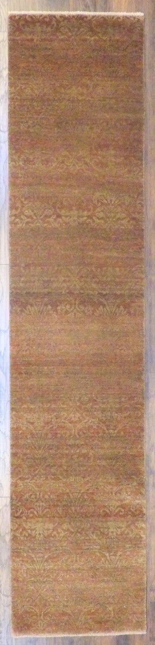 Transitional damask carved hand-knotted wool-silk runner in brown and beige, full view