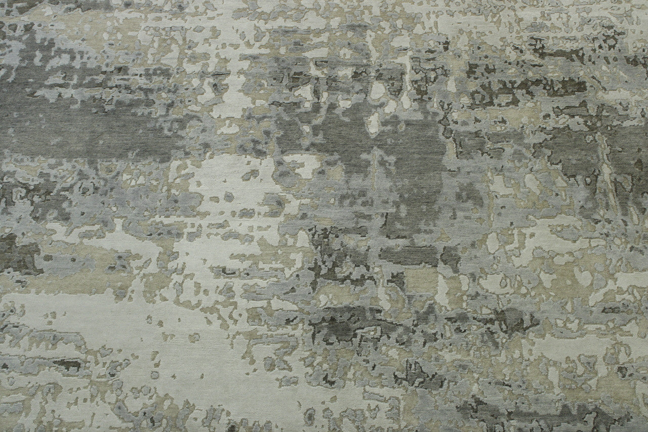 Modern Abstract Broken Design hand-knotted wool-silk rug in Gray & Silver, full view