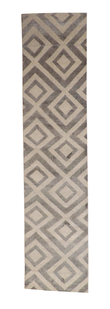 Modern Diamond Design hand-knotted wool-silk rug in Beige, full view