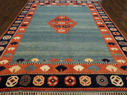 Close-up of wool pile, Green, Teal & Blue rug