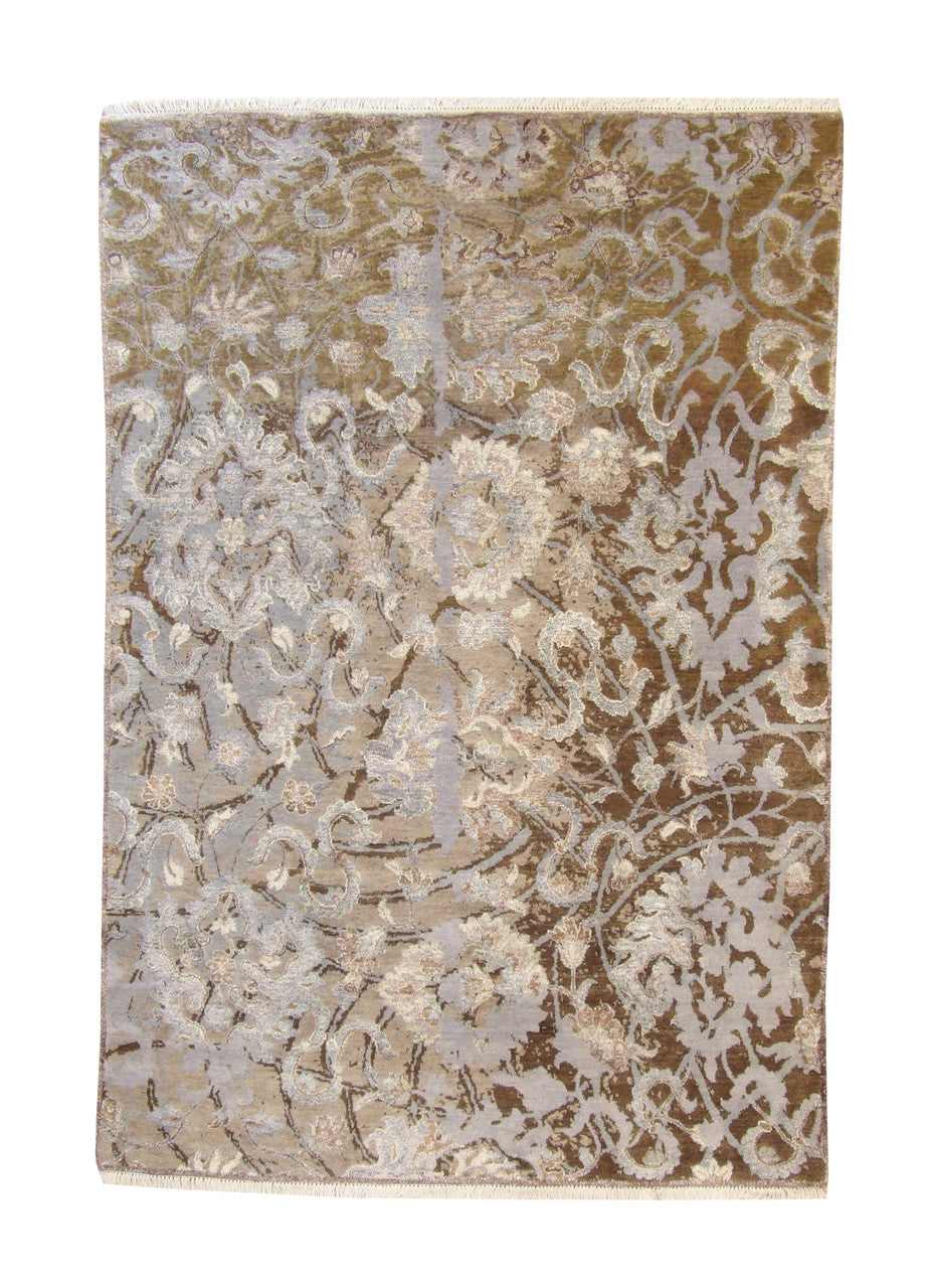Modern Abstract Design hand-knotted wool-silk rug in Brown & Gray, full view