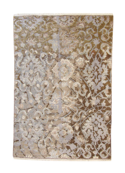 Modern Abstract Design hand-knotted wool-silk rug in Brown & Gray, full view