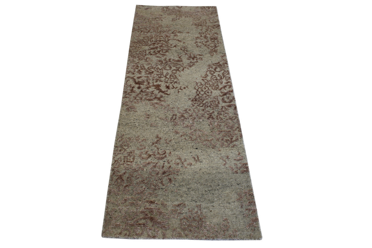 Beige 2'0" x 6'0" Transitional Abstract Broken Design Hand knotted Wool/Silk Rug - Sku: w2036