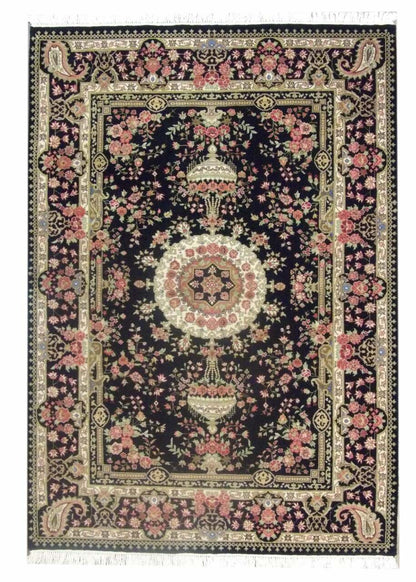 Fine Persian Qum hand-knotted wool rug in Black, full view