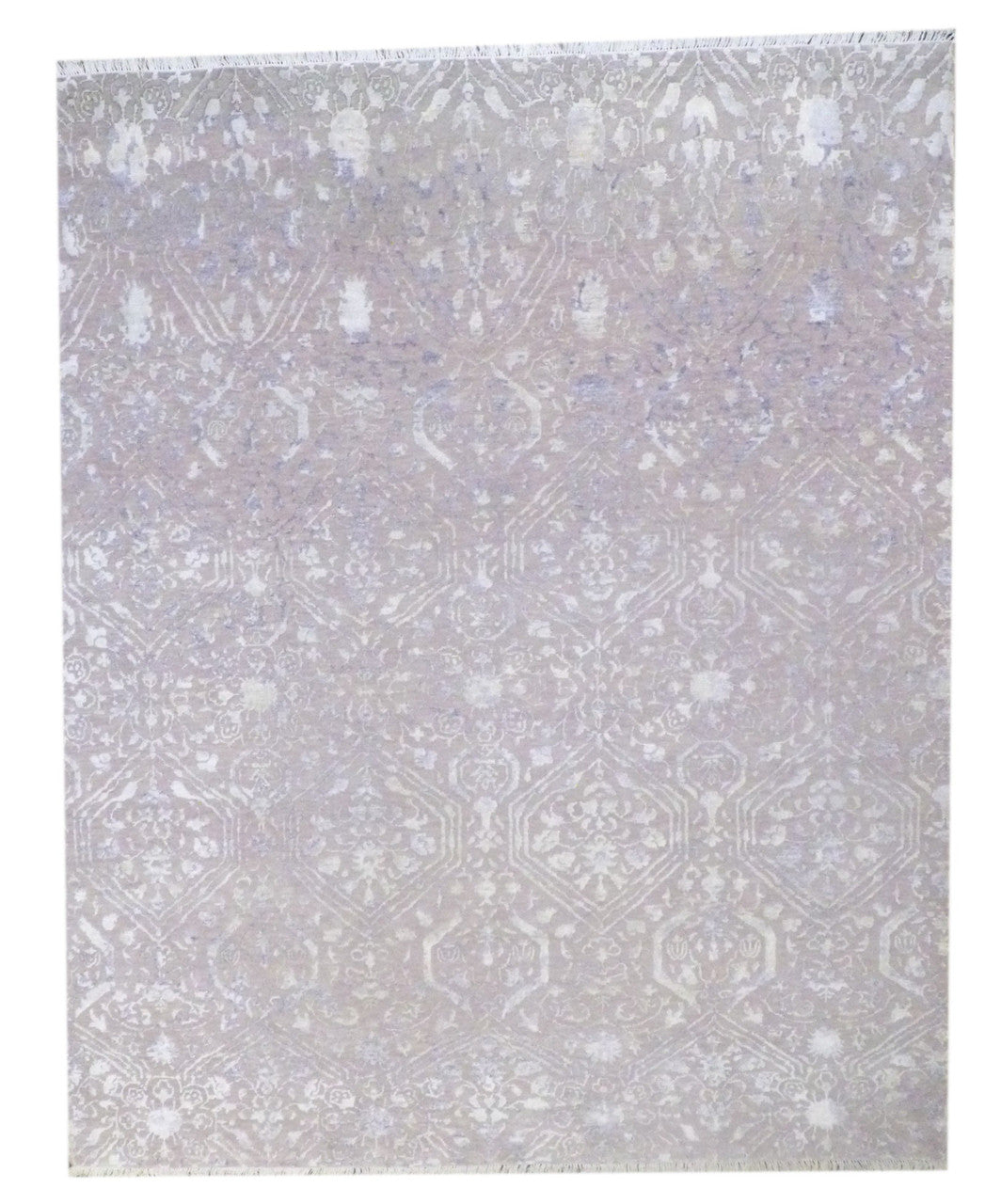 Transitional Ikat Design Carved High Low hand-knotted wool-silk rug in Beige & Purple, full view