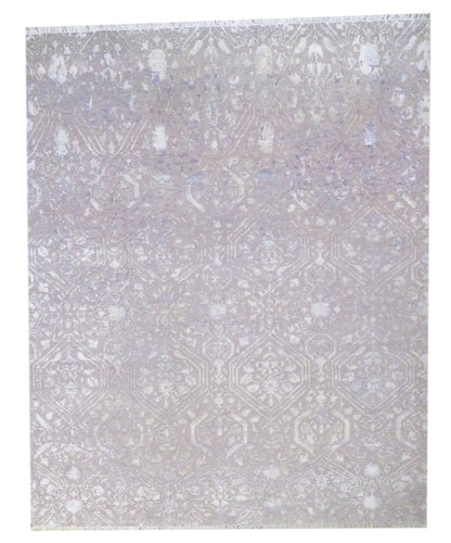 Transitional Ikat Design Carved High Low hand-knotted wool-silk rug in Beige & Purple, full view