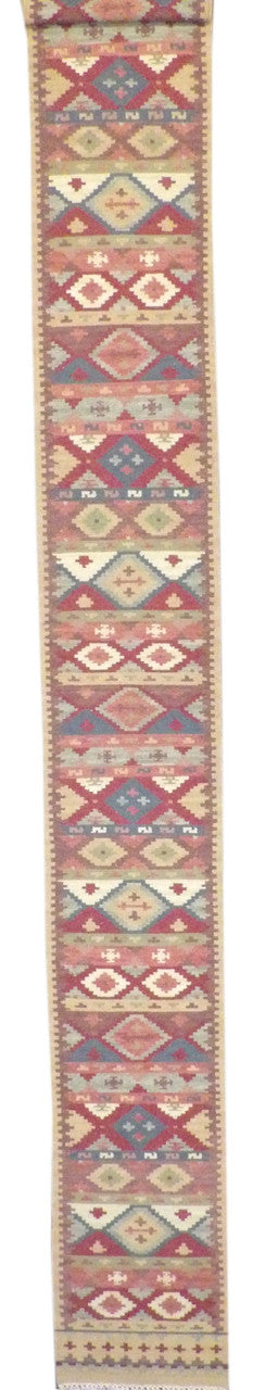 Tribal Kilim Flat Weave hand-knotted wool rug in Beige & Red, full view
