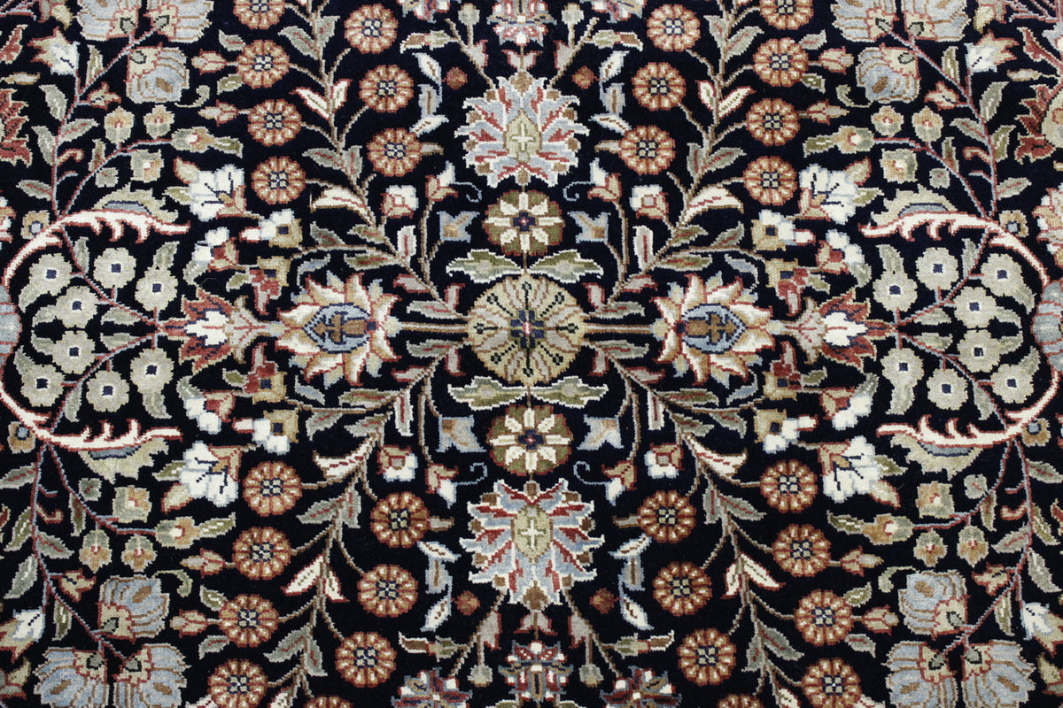 Close-up of wool-silk pile, Blue & Beige rug