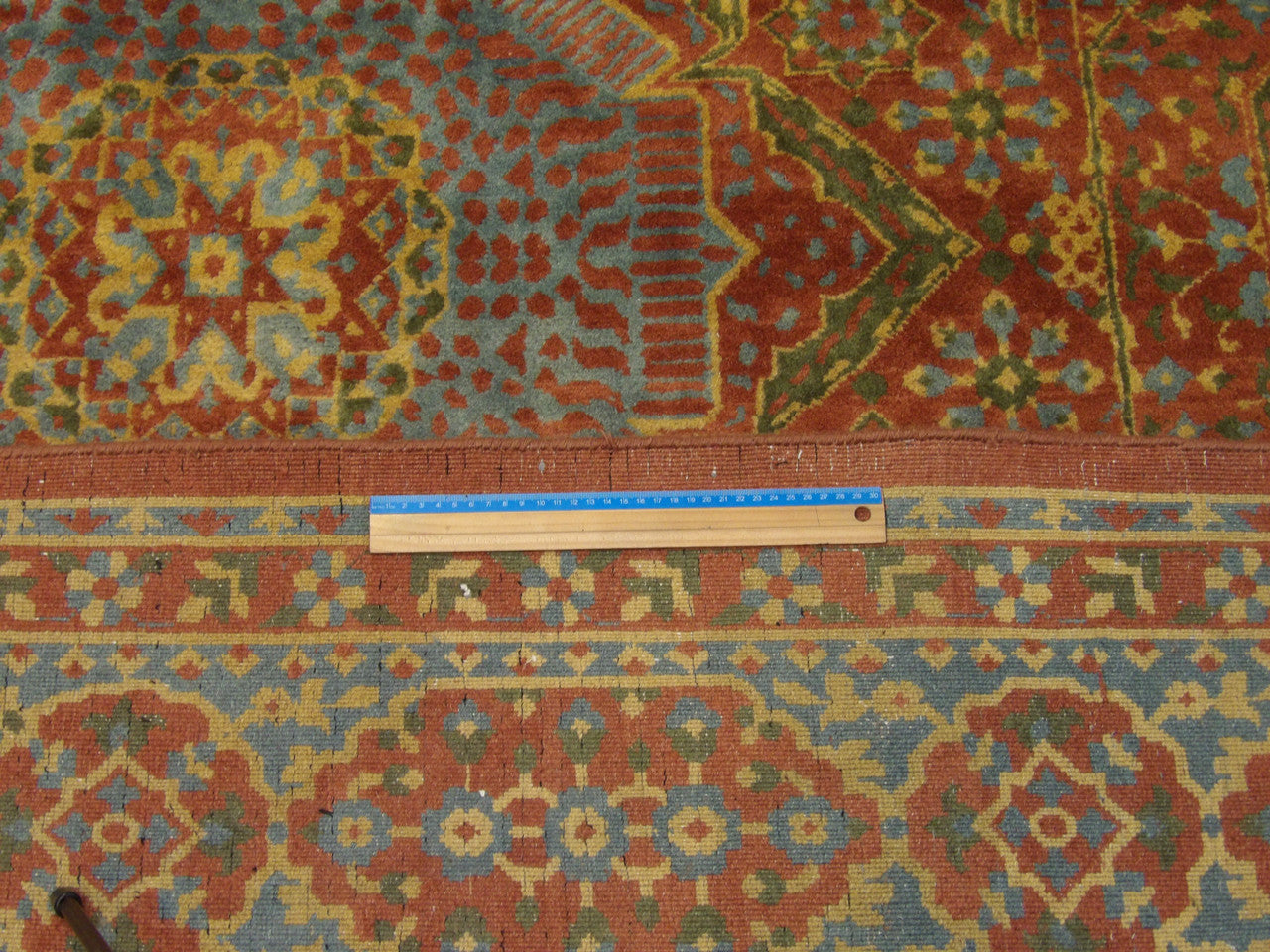 Rust & Teal Mamluk Oushak Natural Dye rug in room setting