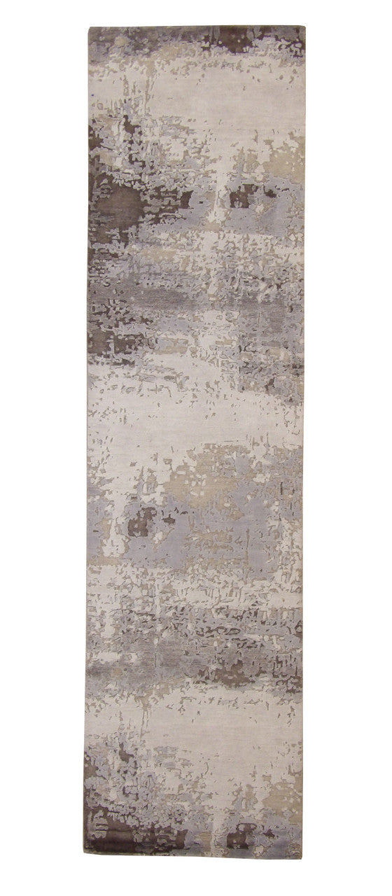 Modern Abstract Broken Design hand-knotted wool-silk rug in Silver, full view