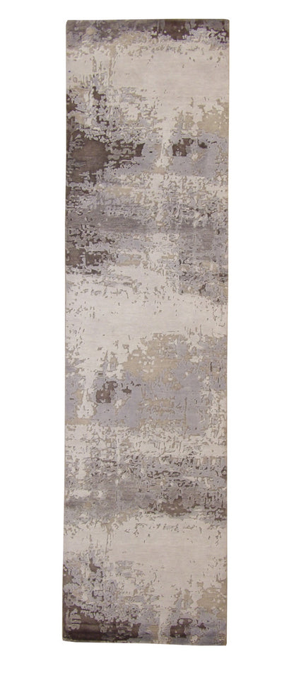 Modern Abstract Broken Design hand-knotted wool-silk rug in Silver, full view