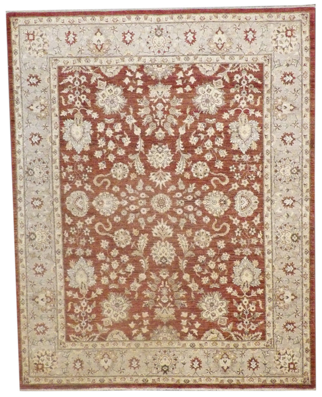 Oushak Chobi hand-knotted wool rug in gold and rust, full view