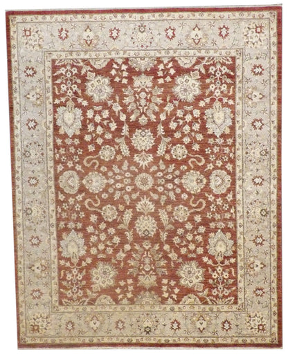 Oushak Chobi hand-knotted wool rug in gold and rust, full view