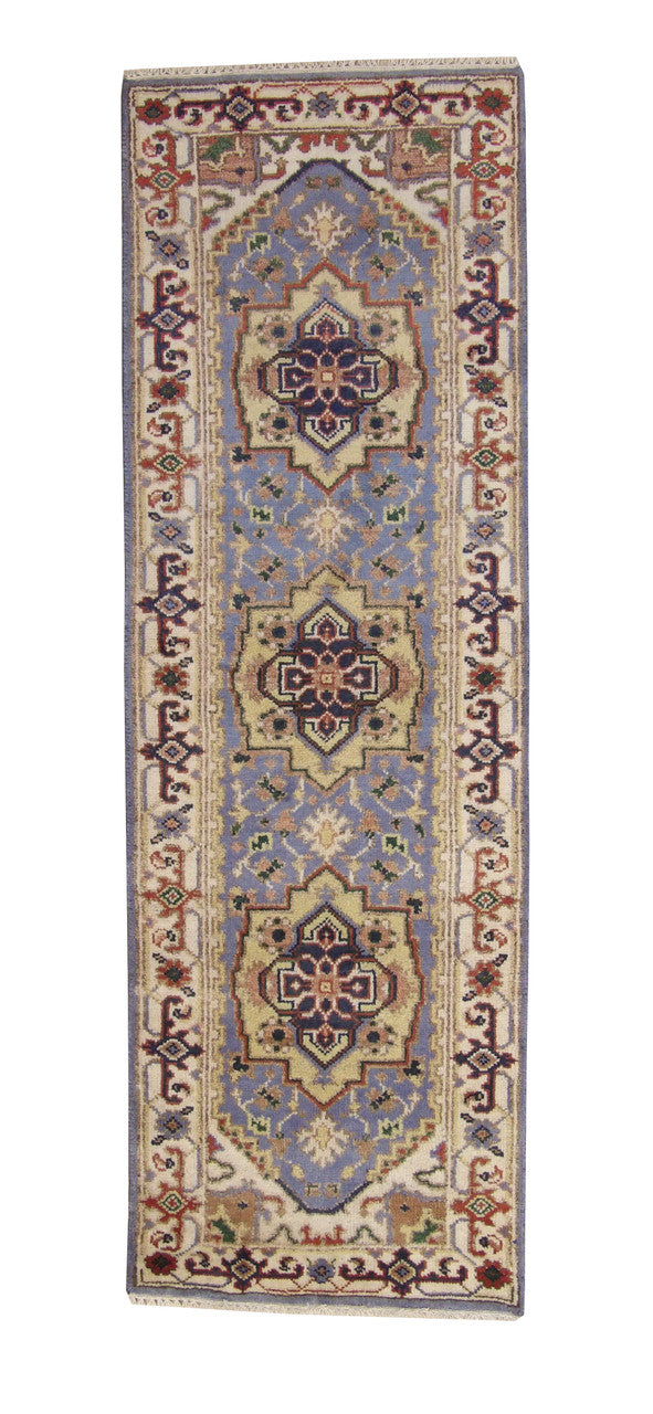 Tribal Indo Heriz hand-knotted wool rug in Blue, full view