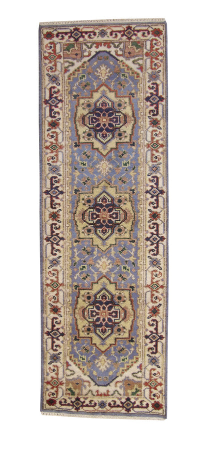 Tribal Indo Heriz hand-knotted wool rug in Blue, full view