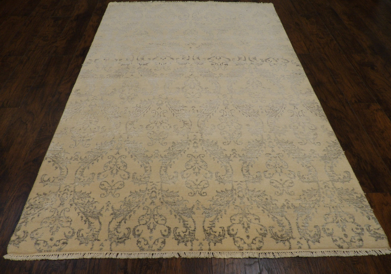 Close-up of wool-silk pile, Gray & Ivory rug