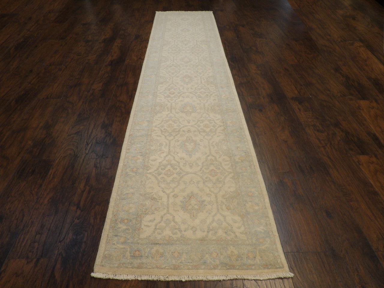 Close-up of wool pile, blue and ivory runner