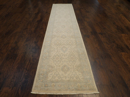 Close-up of wool pile, blue and ivory runner
