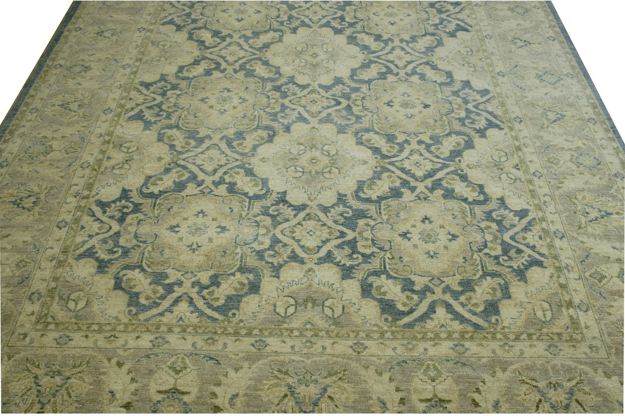 Blue & Beige Oushak Chobi rug in room setting
