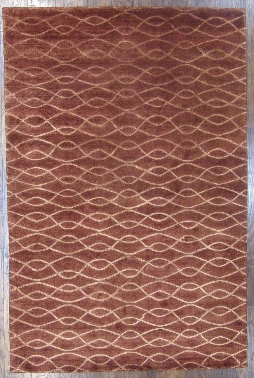 Modern Wave Design High Low hand-knotted wool-silk rug in Brown & Gold, full view