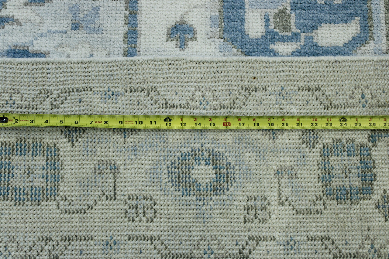 Close-up of silk pile, Blue & Beige rug