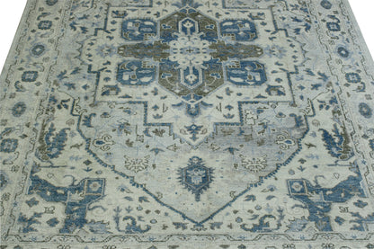 Blue & Beige Tribal Silverwash Heriz Design rug in room setting