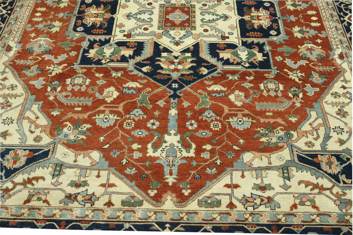 Tribal Heriz hand-knotted wool rug in Blue & Beige, full view