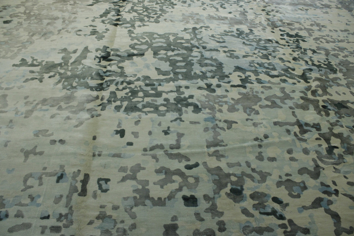 Modern Abstract Broken Design hand-knotted silk rug in Beige, full view