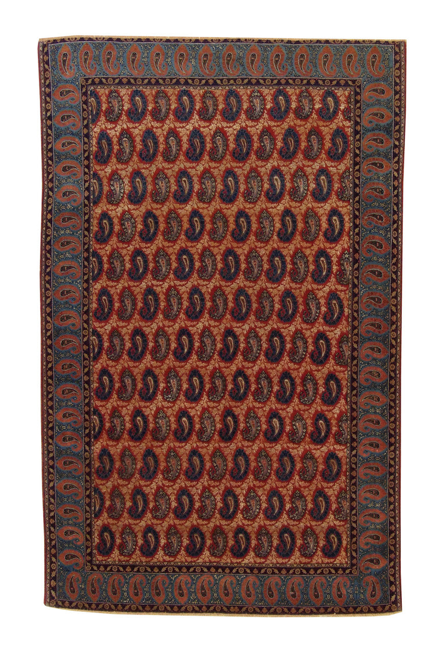Traditional Antique Peasley Kerman hand-knotted wool-silk rug in Blue & Rust, full view