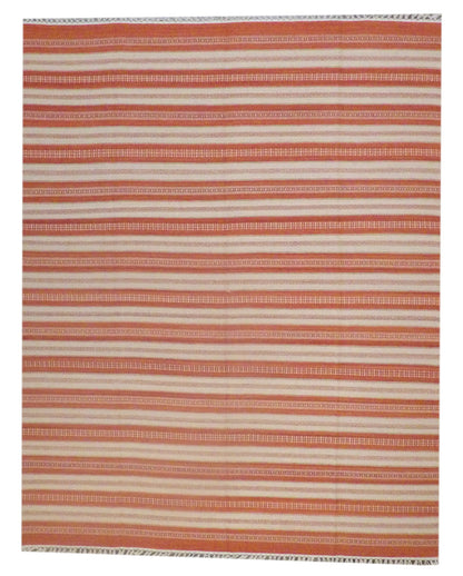 Coastal flat-weave hand-knotted wool rug in ivory and rust, full view