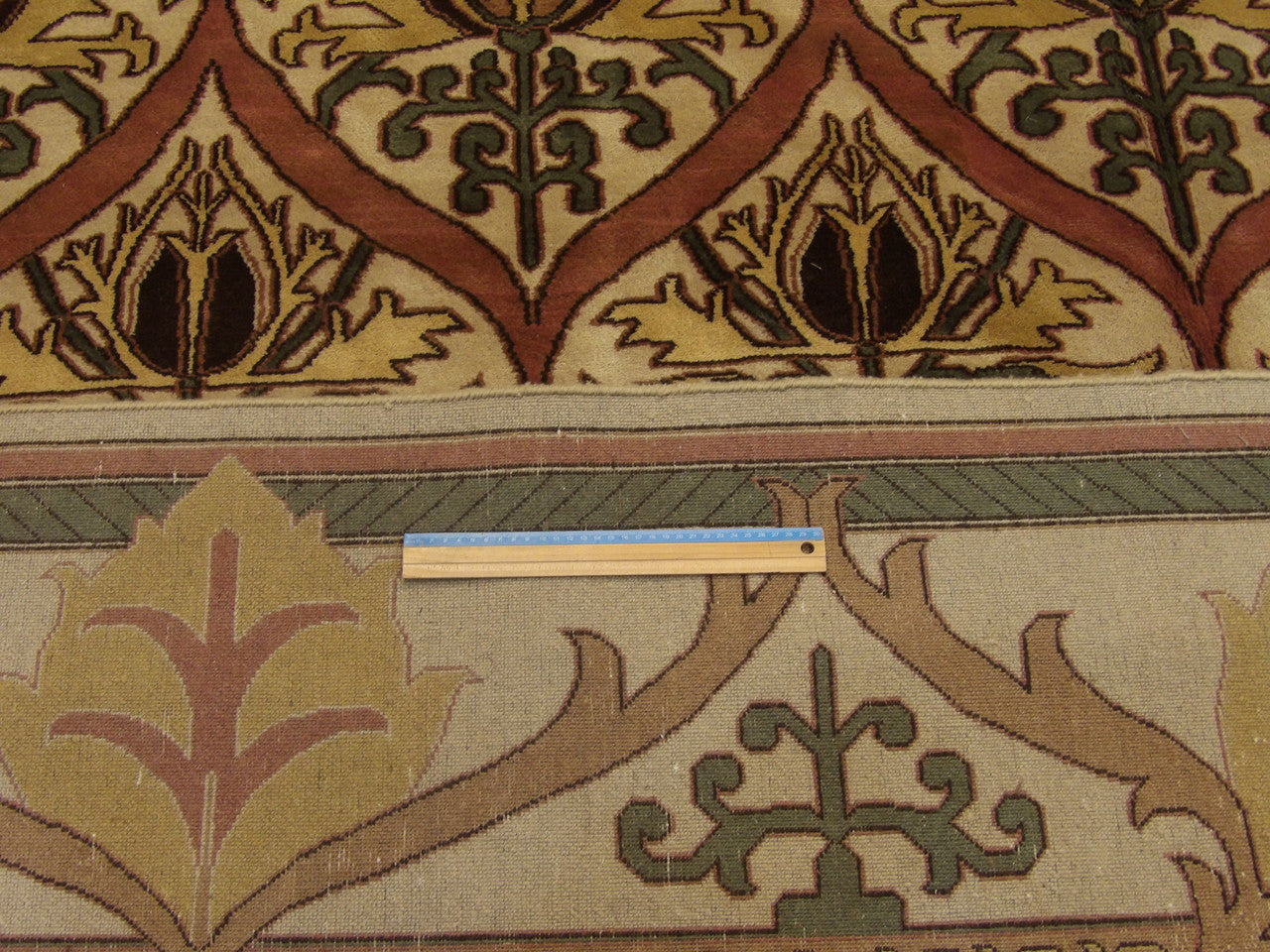 Full room view of oversized Tibetan damask hand-knotted rug
