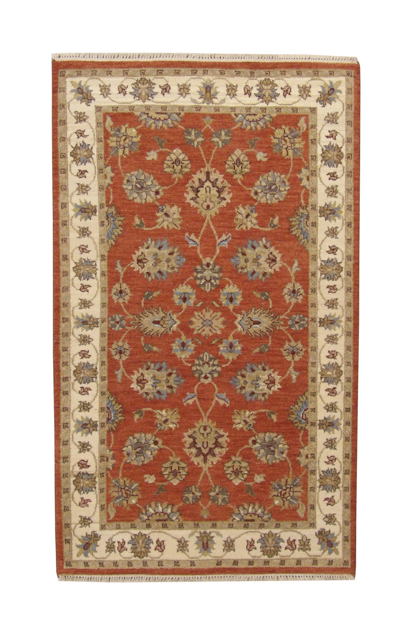 Oushak Agra Chobi hand-knotted wool rug in Beige & Rust, full view