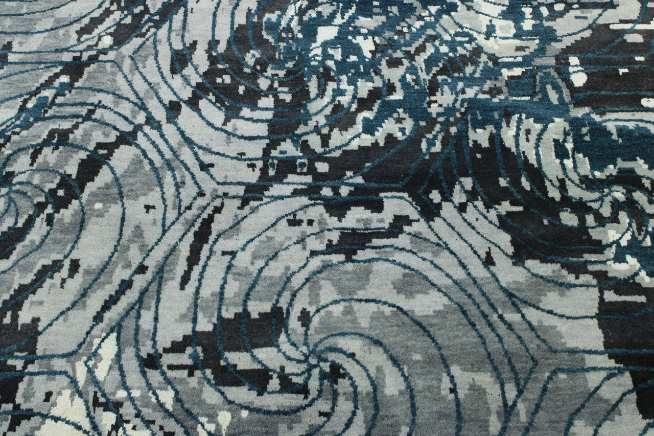 Close-up of wool-silk pile, Green & White rug