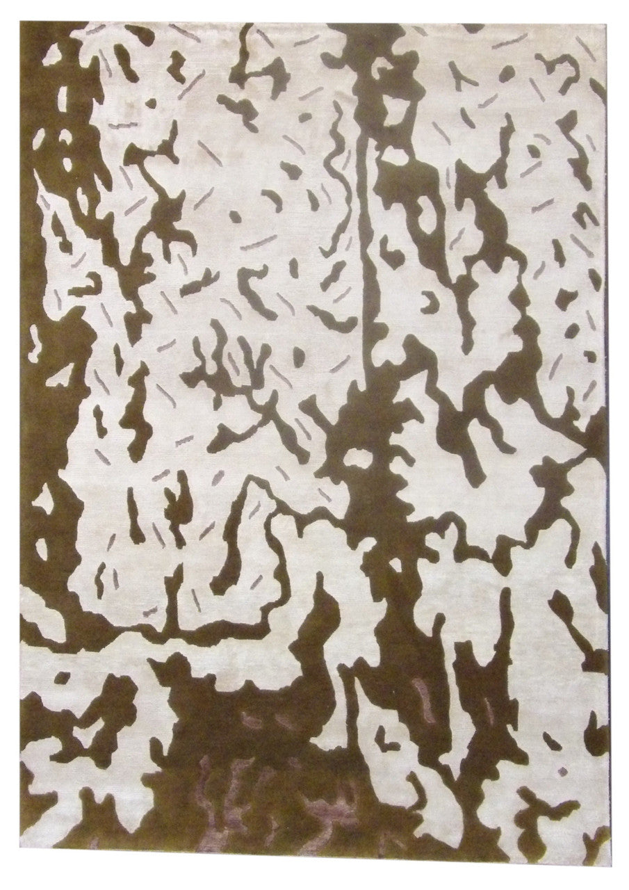 Transitional Silky Broken Abstract Design hand-knotted wool-silk rug in Brown & Beige, full view