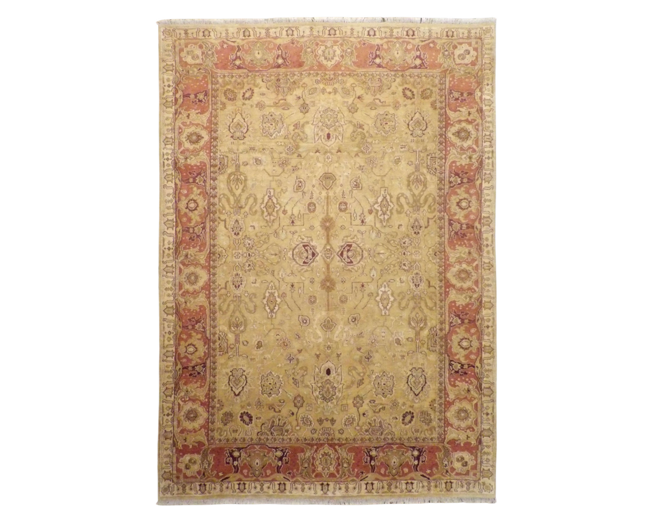 Agra vintage Ziegler hand-knotted wool rug in gold and pink, oversized, full view