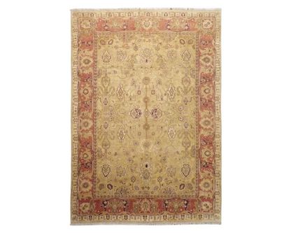 Agra vintage Ziegler hand-knotted wool rug in gold and pink, oversized, full view