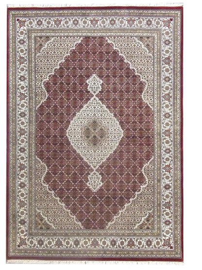 Fine Persian Mahi Tabriz hand-knotted wool-silk rug in red and ivory, full view
