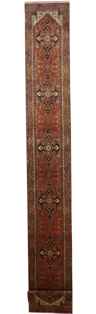 Tribal Indo Heriz hand-knotted wool rug in Rust, full view