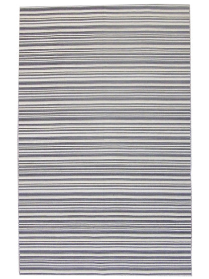 Coastal flat weave hand-knotted wool rug in blue and ivory, full view