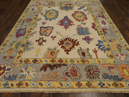 Close-up of wool pile on colorful Oushak rug