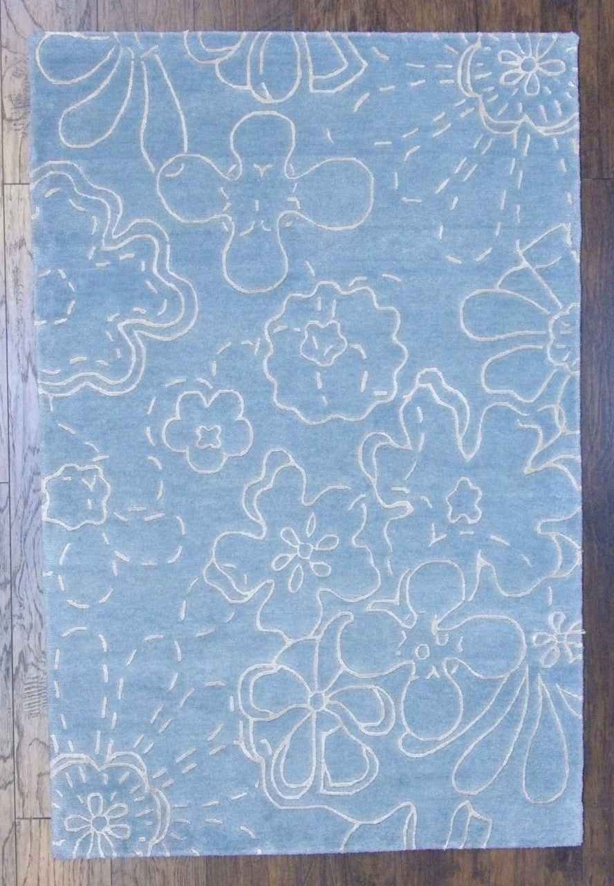 Transitional Rose Design hand-knotted wool-silk rug in Blue & Gray, full view