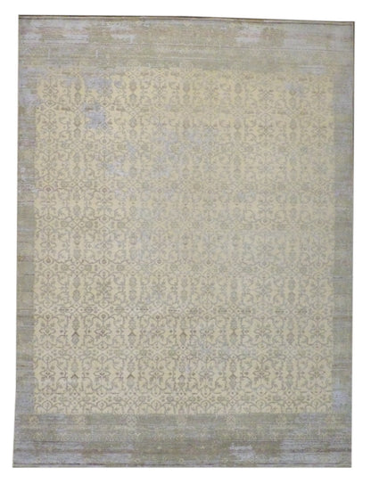 Transitional Vintage Erase Design hand-knotted wool-silk rug in Beige & Purple, full view